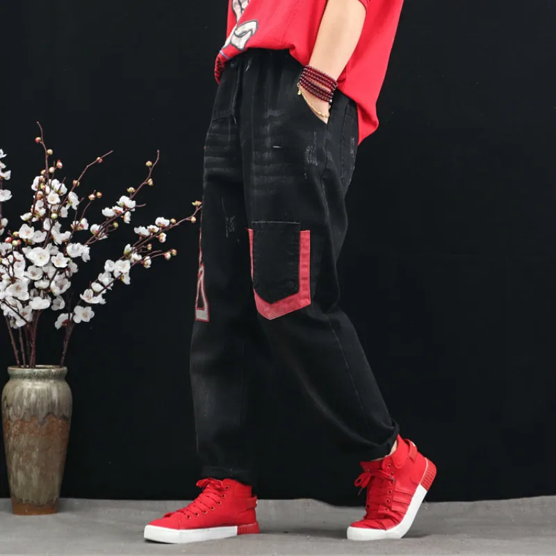Max LuLu корейские модные женские черные уличные осенние брюки женские свободные джинсы с вышивкой Винтажные эластичные шаровары