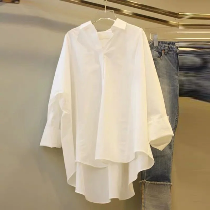 [EWQ] 2020 Spring New Simple Irregular Hem Design Long Sleeve White Casual Women Blouses Korea Plus Size Laides Shirt QV49800 |