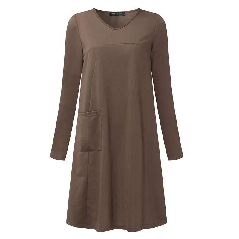 Zanzea осенне-зимнее женское платье с длинным рукавом и карманами, одноцветное повседневное Свободное платье с круглым вырезом, Vestidos размера плюс S-5XL