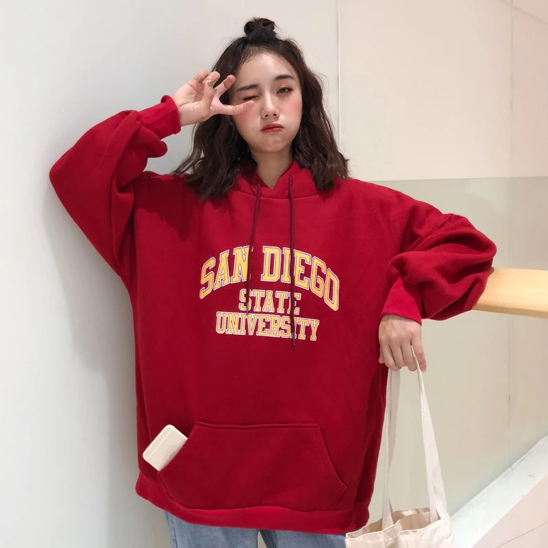 Женские толстовки с капюшоном, свободные, с буквенным принтом, Kawaii, Harajuku, подходят ко всему, с большими карманами, Корейская Студенческая мягкая верхняя одежда, женские повседневные женские свитшоты - Цвет: red
