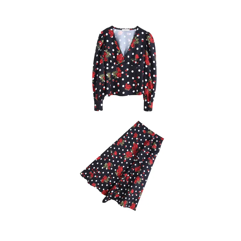 

New Style WOMEN'S Dress Polka Dot Print Shirt + Laminated Decoration Printed Dress Casual Skirt Set