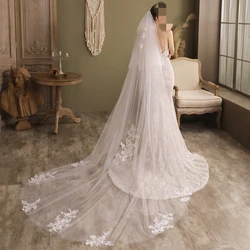 New 4 Meters Long Exquisite Lace 2 layer Wedding Veil Cathedral Tulle Bridal Veils with Comb Bride Wedding Accessories