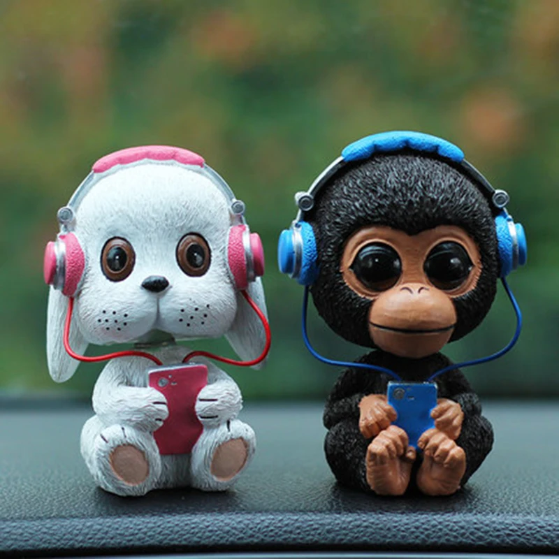 Автомобильные украшения, милый забавный щенок с прослушиванием музыки, маленькая обезьянка, кролик, качающаяся голова, украшение салона автомобиля, аксессуары для автомобиля