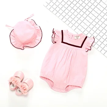 

INS Hot Cotton Linen Baby Girls Jumpsuit With Hat Summer Baby Robe Newborn Clothes Children's Clothing Hat