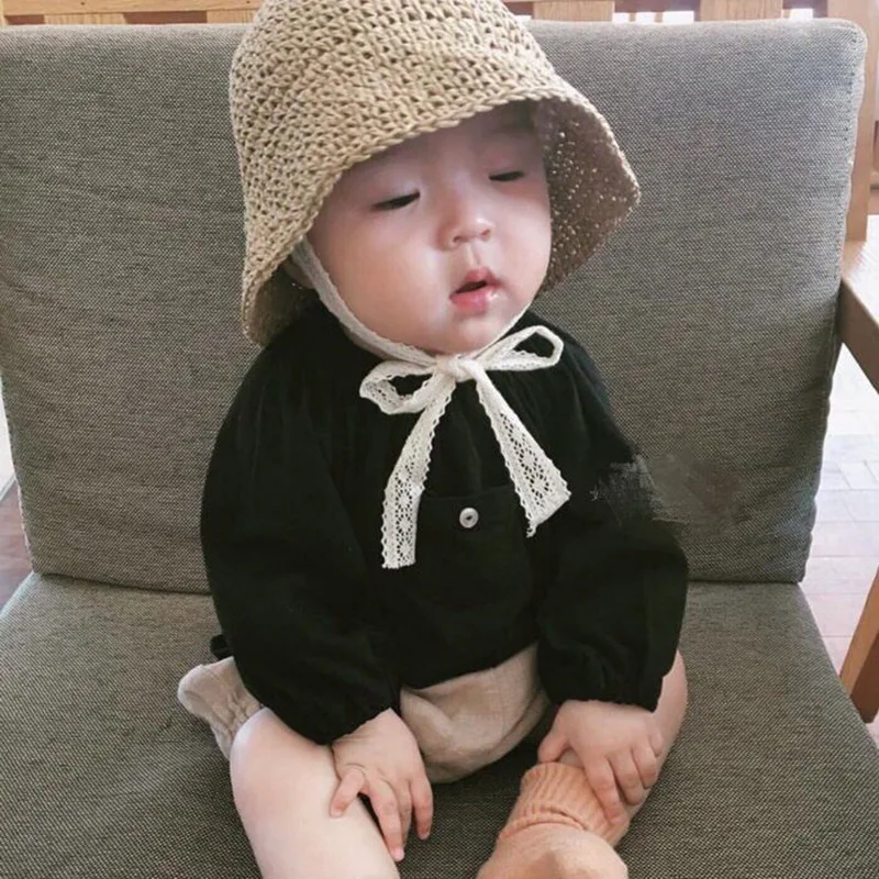 

H7412 Summer Children Straw Sun Hat Korean Baby Crochet Sunscreen Lace Cap Girls Breathable Sun Protection Fashionable Kids Caps