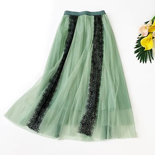Женская длинная юбка с пачкой SURMIITRO, плиссированная юбка с кружевным пэчворком с завышенной талией в черно-розовых и голубых тонах в корейском стиле для женщин осенью - Цвет: Зеленый