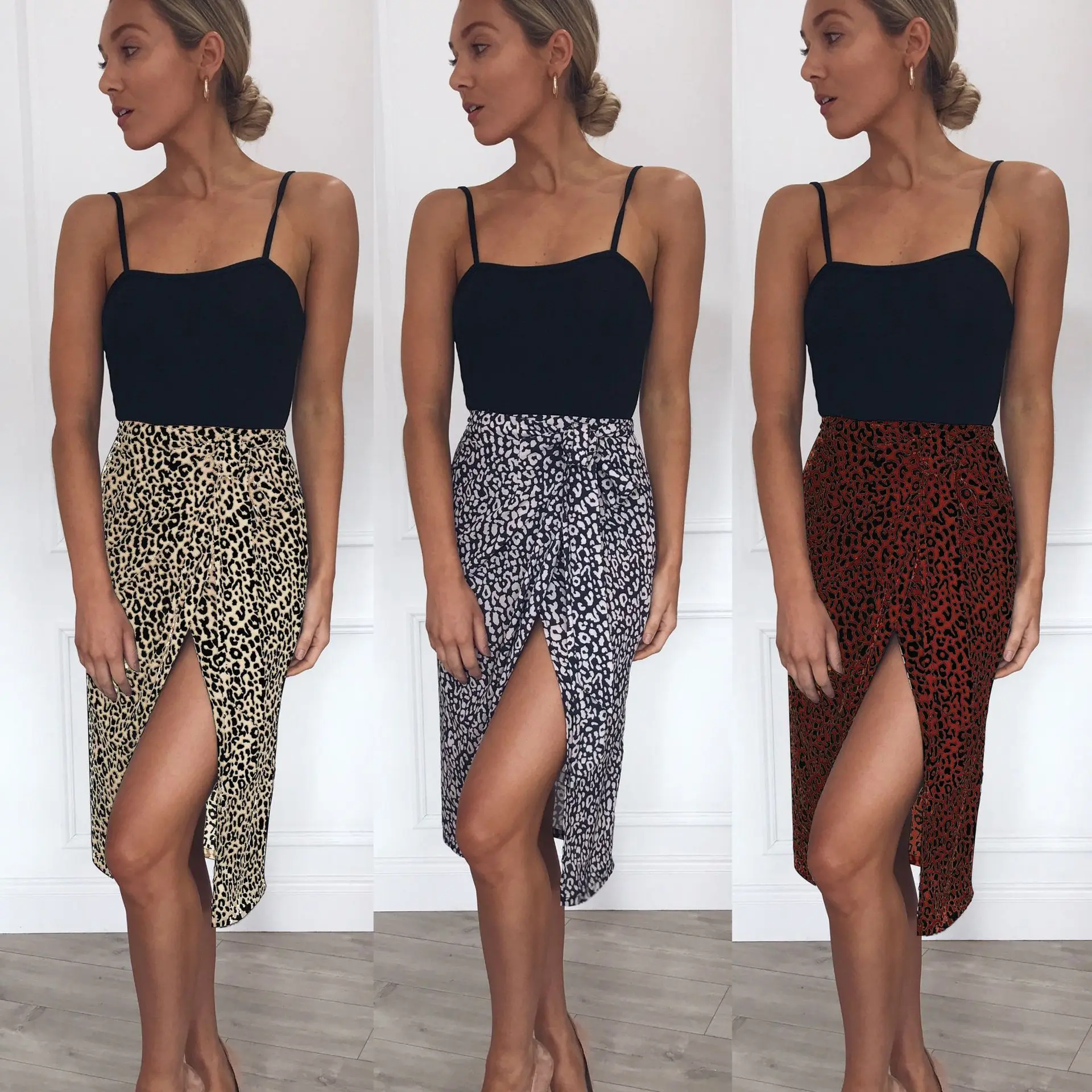 Женская одежда сексуальная черная юбка с леопардовым принтом асимметричная