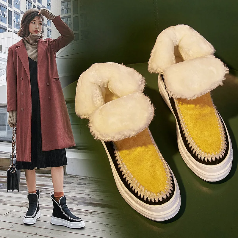 

Horsehair Boots 2018 Autumn And Winter round-Toe Mixed Colors Short Boots plus Velvet Warm Fur Boots Semi-high Heeled Thick Bott