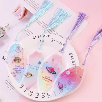 

1X Cute Leaf Shaped Starry Planets Bookmark With Tassel Marker of Page School Office Supply Student Stationery