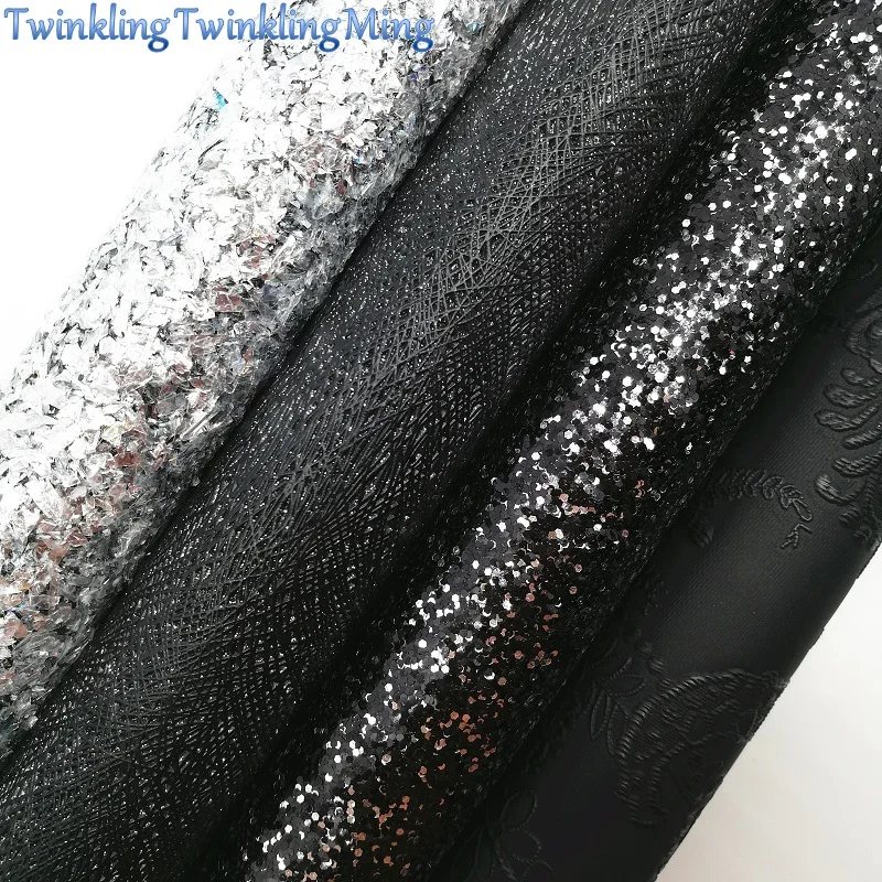 

BLACK Glitter Fabirc, Glitter Faux Leather Fabric, Flowers Synthetic Leather Sheets For Bow A4 21x29CM Twinkling Ming XM663