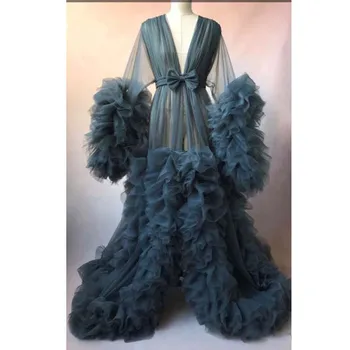 

Blue Illusion Ruffles Tulle Long Sleeve Women Winter Sexy Pregnant Party Sleepwear Women Bathrobe Sheer Nightgown Robe