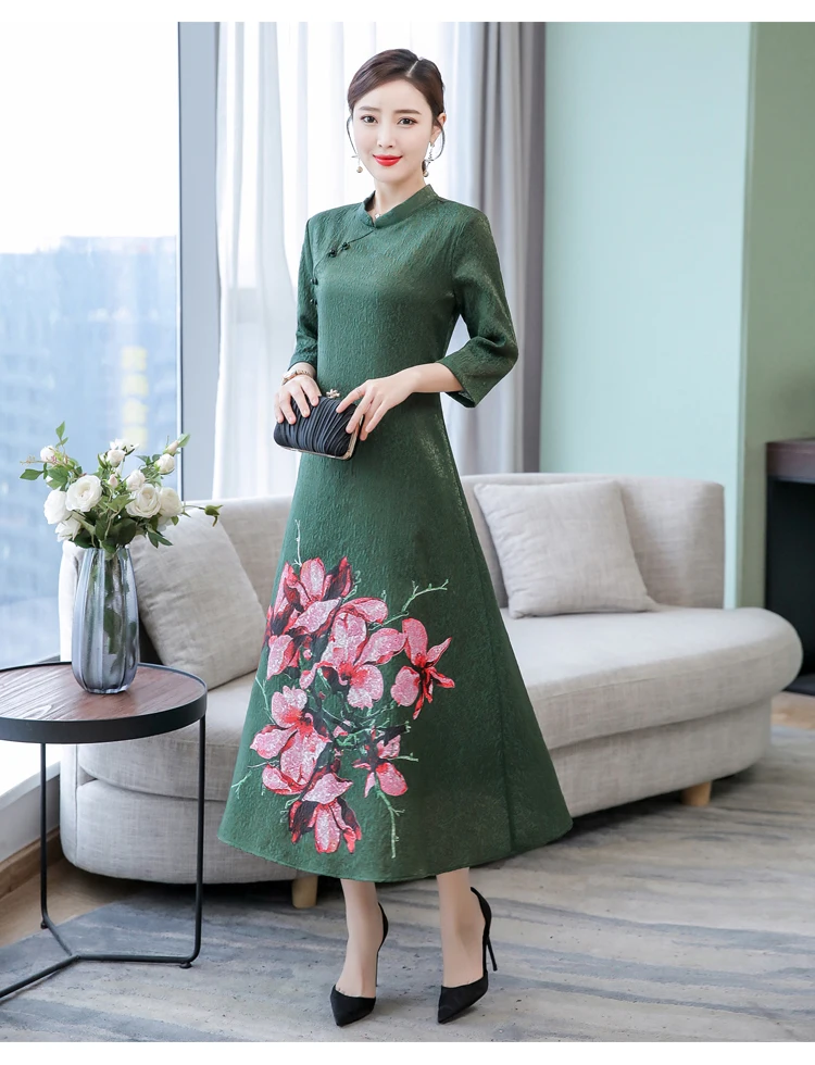 Женское платье большого размера, M-4XL, весна, Ретро стиль, cheongsam, платье с принтом, свободное платье, высокое качество, элегантное платье, DV635