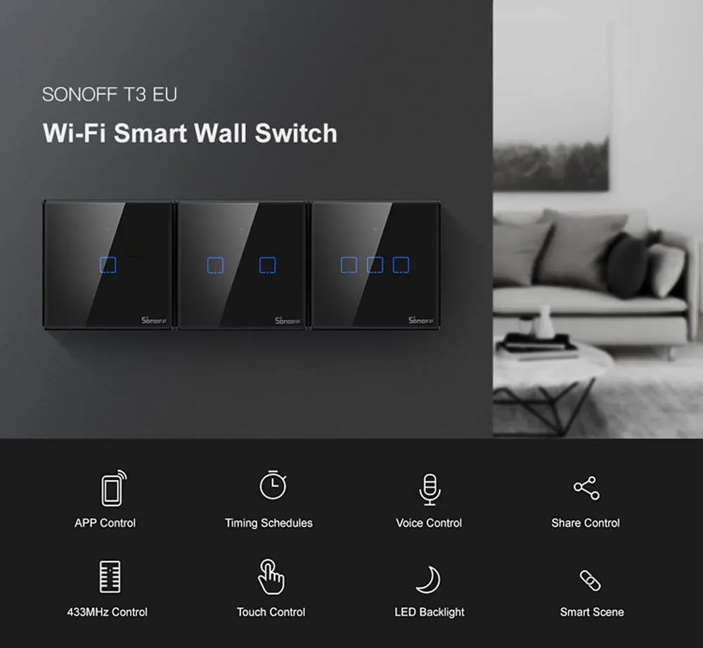 Умный настенный выключатель Sonoff TX T2/T3 ЕС Wi Fi RF 433/ APP/сенсорное управление 1 /2 /3