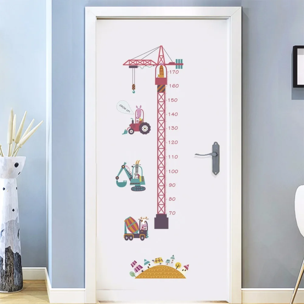Розовый журавль инженерный автомобиль измерения высоты стикер стены для детской комнаты мультфильм Фреска ПВХ Рост Диаграмма домашние наклейки художественные обои