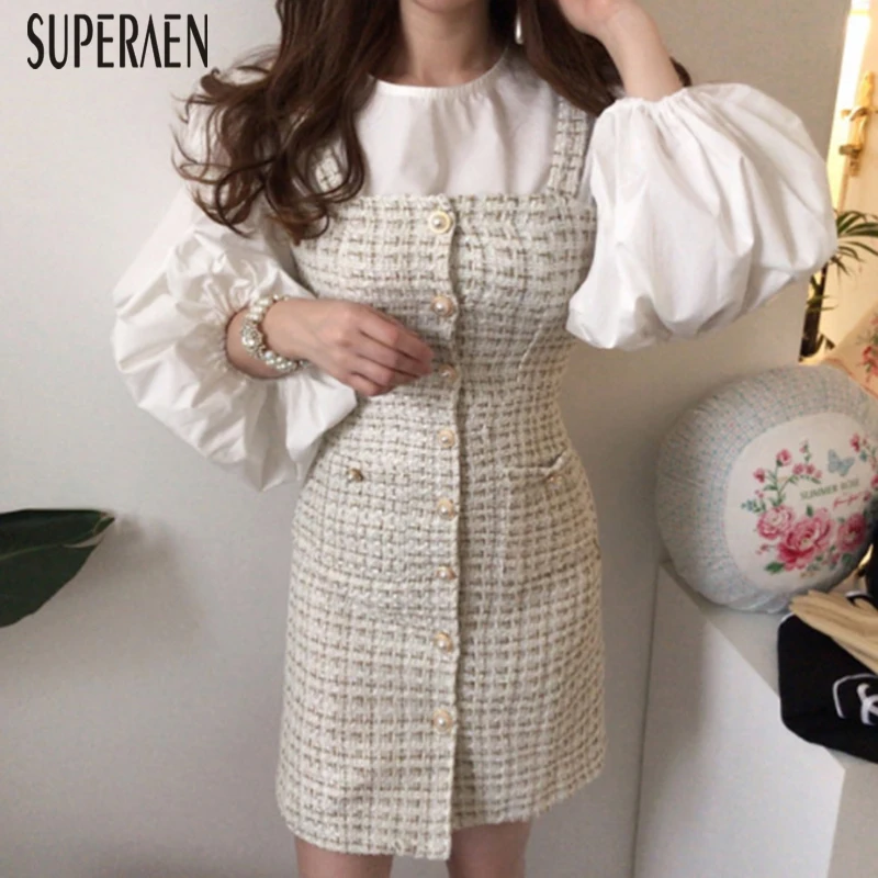 SuperAen, корейский стиль, милые женские комплекты, весна, новинка, круглый вырез, длинный рукав, рубашки, мода, дикое жемчужное платье на бретелях, два предмета