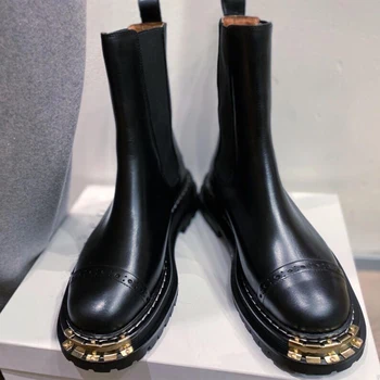Botas Chelsea de cuero negro para Mujer, zapatos de plataforma con punta redonda, botas de invierno, Botines tallados para Mujer 2020