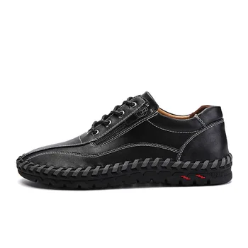 

2019 New Classic Style Men Casual Shoes Spring Black Split Leather Flaty Shoes Zipper Slip on Sneakers Loafers Big Size 38-50