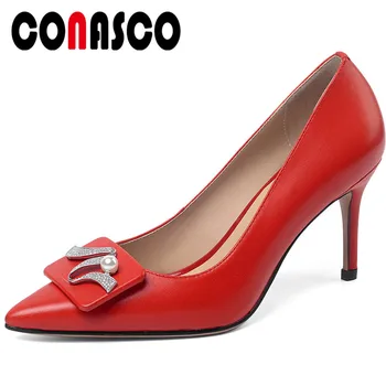 

CONASCO Classic Design Woman Pumps Cow Leather Spring Autumn Office Shallow Pearl Decoration Rhinestone Pointed Toe Thin Heeled