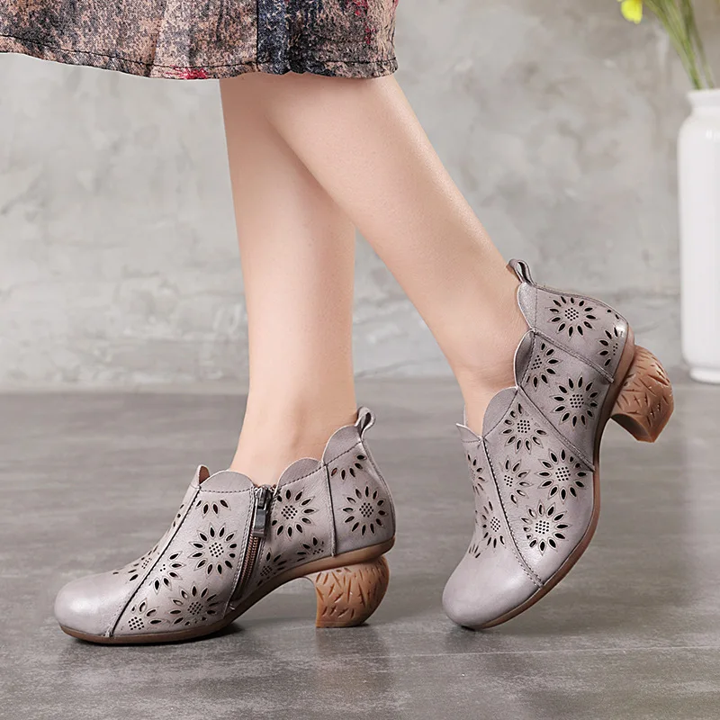 Tyawkiho/женские туфли-лодочки из натуральной кожи с вышивкой; серые летние туфли на высоком каблуке 6 см; коллекция года; кожаные туфли-лодочки ручной работы в стиле ретро