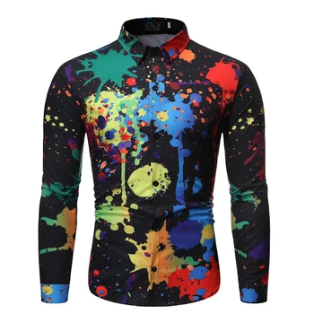

New Fashion Graffiti Style Design Men Casual Shirt, Versatile Casual Lapel Men's Long Sleeve Slim Camisa Masculina Shirt