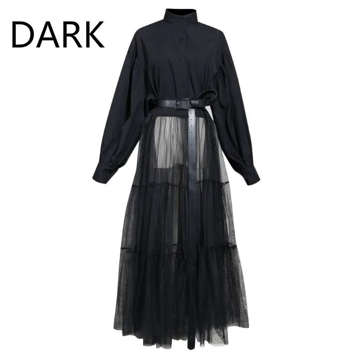 

[DARK] Splicing Design 2020 Spring Lace-up High Waist Slimming Lantern Sleeves Over The Knee Long Mesh Long Sleeve Dress