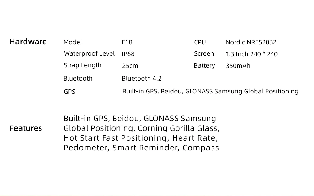 F18 Смарт часы Открытый gps сенсорный Bluetooth браслет долгого ожидания компас 3D экран для бега браслет Спорт Монитор Сердечного Ритма