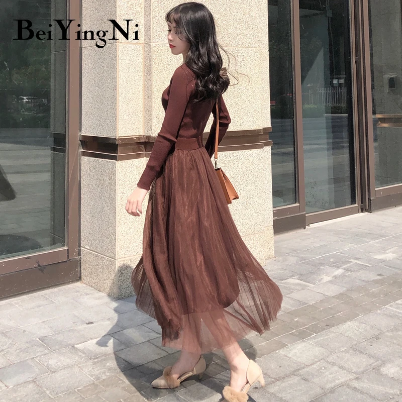 Beiyingni осеннее женское платье большого размера вязаный свитер лоскутные платья-пачки с длинными рукавами вечерние M-4XL винтажные платья
