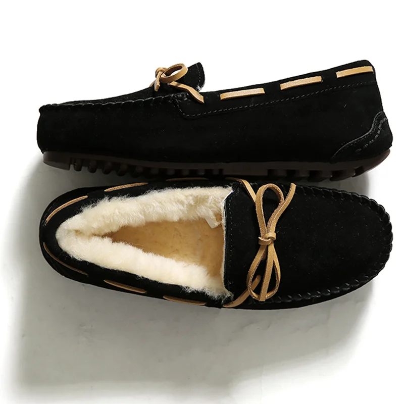 New Bow Wool Boots For Women Concise Slip On Casual Flat Shoes Woman Comfy Warm Runway Ankle Boots Natural Fur Winter Shoes