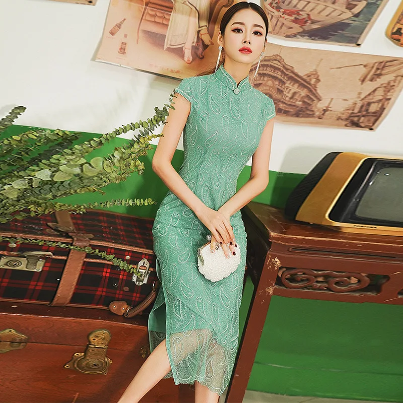 Большие размеры, кружевное женское вечернее платье, атласное, Qipao, зеленое, сексуальное, цветочное, винтажное, Cheongsam, летнее, новое, тонкое, с высоким разрезом, Vestidos