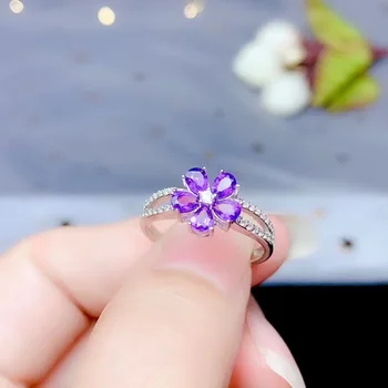 

USPS Dropshipping Natural Real Amethyst Flower Ring for Women, 925 Sterling Silver Fine Jewelry with Certificate