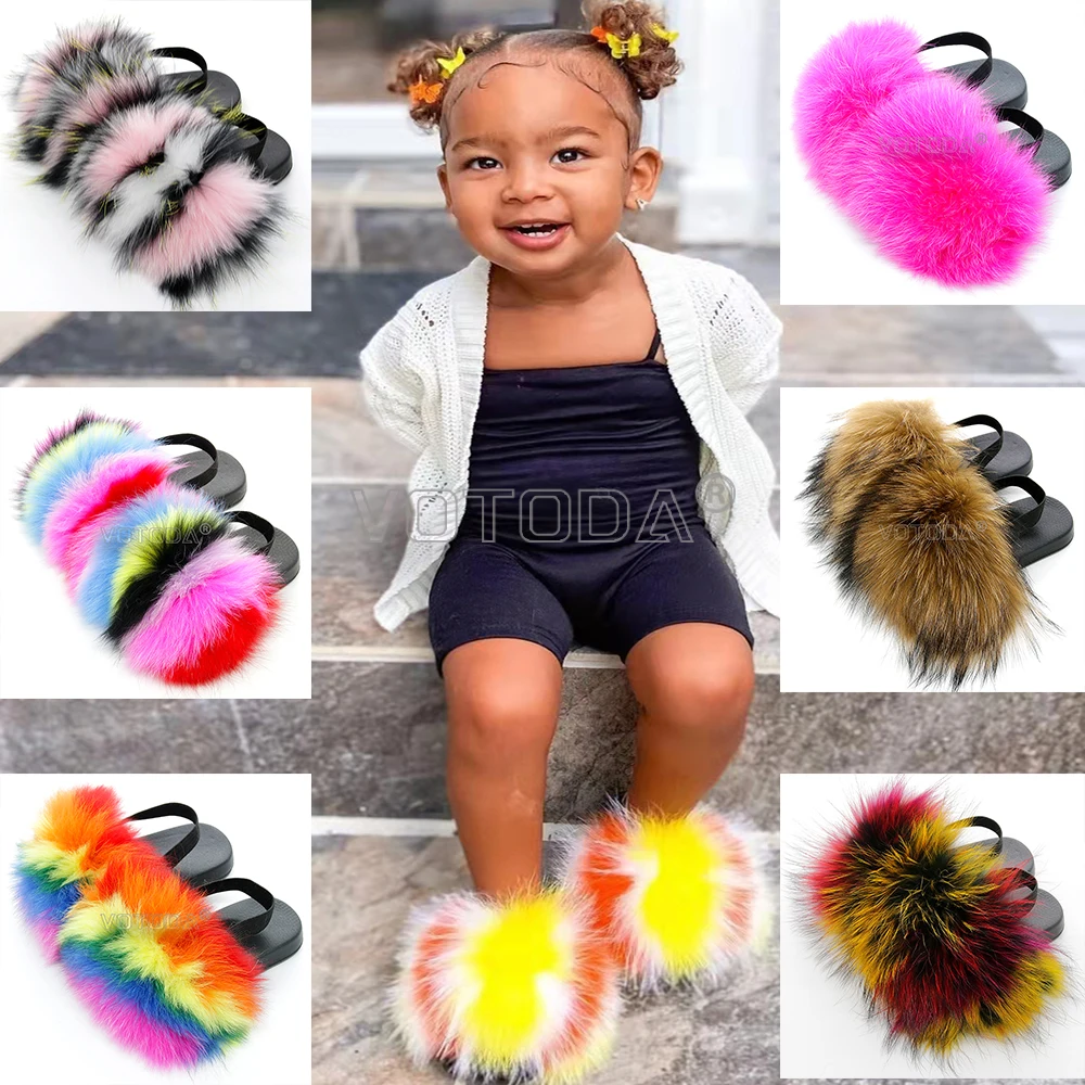 Fur Slides Kids Furry Children Real Fur Slippers Strap Fluffy Raccoon Flip Flops Baby Sandals Girls Cute Funny Shoes Toddler kids slippers plush slippers kids sandals