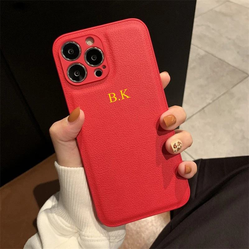Korea Personalise Name Letters Leather PU Soft Phone Case for iPhone 15 14 13 12 11 Pro X XS Max XR 7 8 Plus Luxury Plain Cover iphone case phone case phone protector cover leather phone case