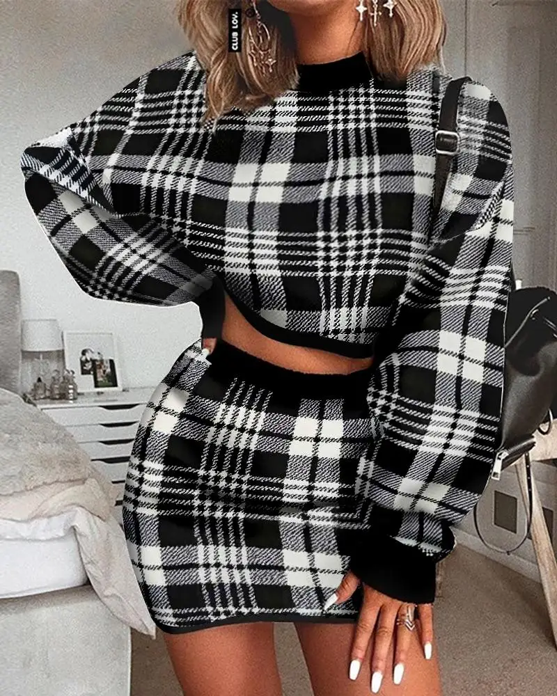

Grid Long Sleeve Crop Top & Mini Skirt Sets OL Workwear Autumn Casual Women Two Piece Outfits Streetwear