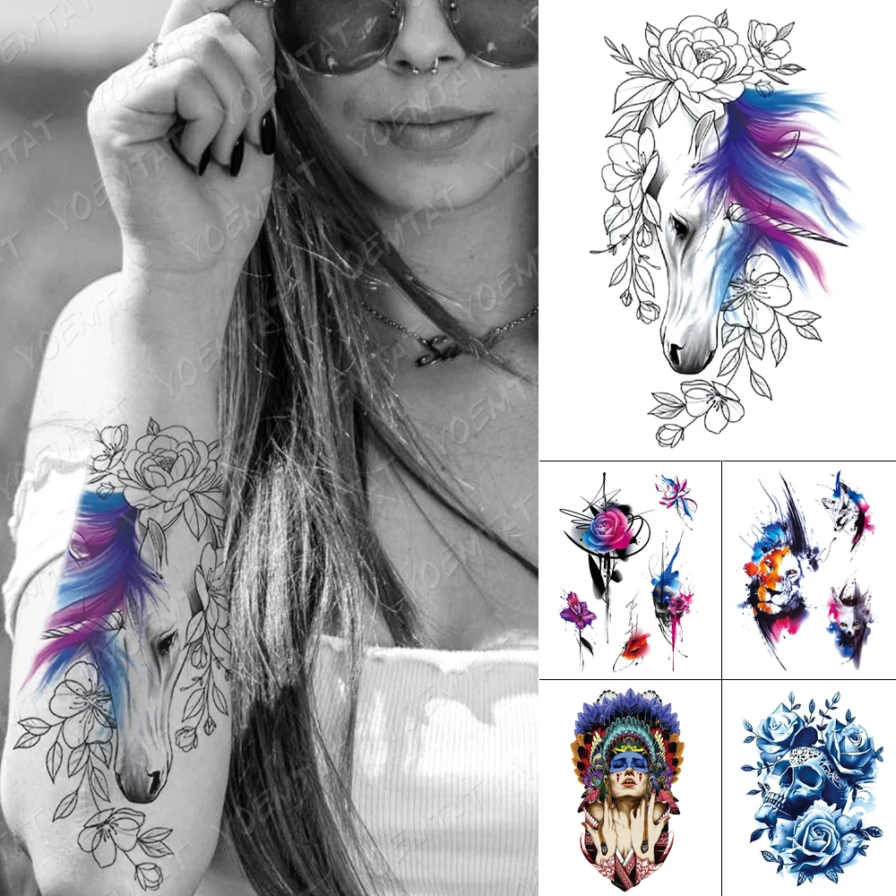 

Waterproof Temporary Tattoo Stickers Horse Peony Flower Flash Tattoos Female Arm Chest Thigh Body Art Fake Tatoo Male