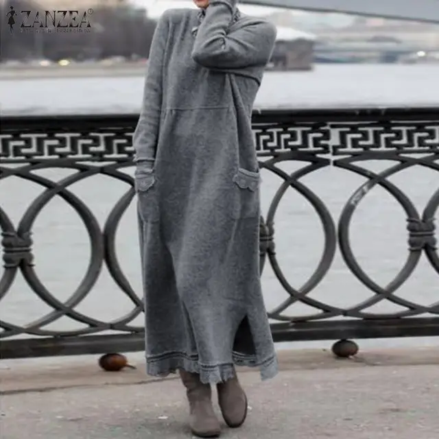 US $11.77 Fashion ZANZEA Women Long Sweatshirt Dress Autumn Long Sleeve Lace Patchwork Sundress Solid Vestido
