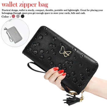 

PU leather butterfly long wallet Butterfly Embossed Flower Design large capacity zipper Ladies Wallet Long Clutch Purse Fashion