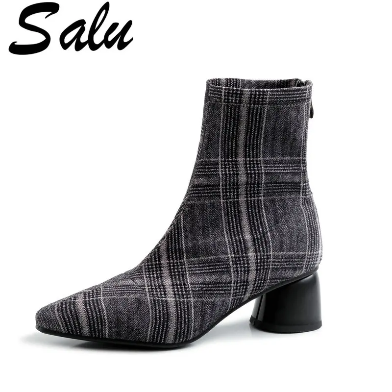 

Salu Brand Women High Heeled Ankle Boots Round Toe Autumn Winter Boots Female Warm Ladies Shoes Woman Pumps