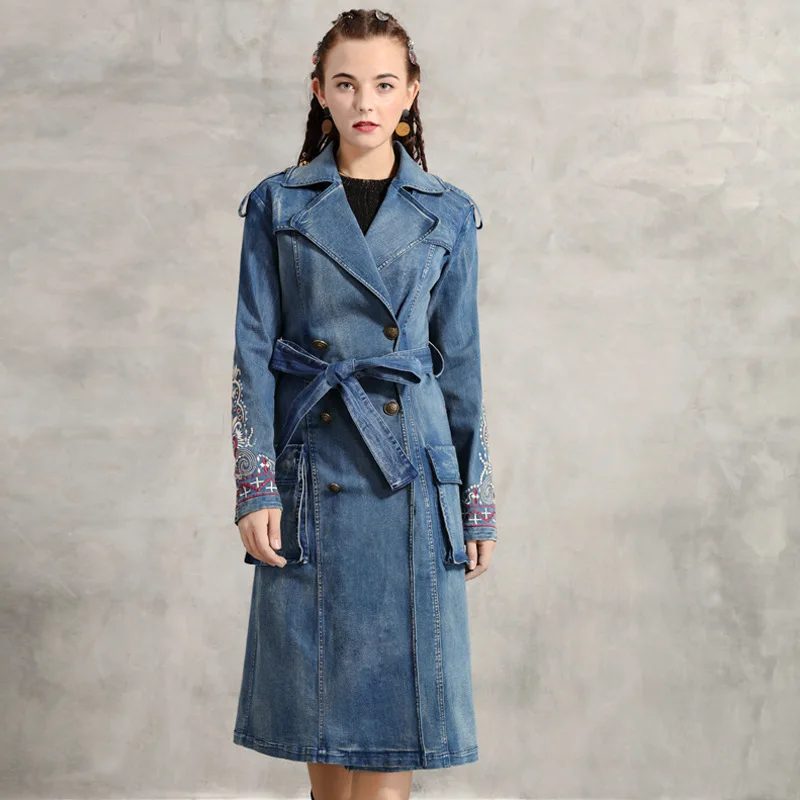 Джинсовое пальто для женщин двубортное винтажное пальто с вышивкой и отложным воротником