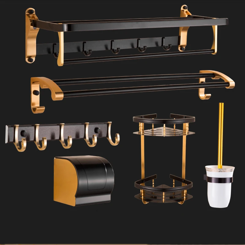 

Black Gold Aluminum Bathroom Accessories Set Toilet Paper Holder Towel Rod Bar Shelf Brush Rack Storage Shower Caddy Hooks