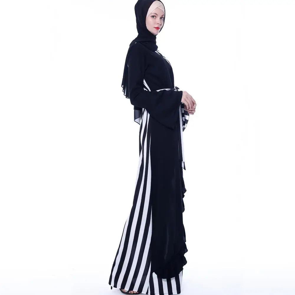 Новое лоскутное платье макси abaya в полоску с расклешенными рукавами, мусульманский кафтан, Дубаи, Арабский исламский халат, одежда 2019