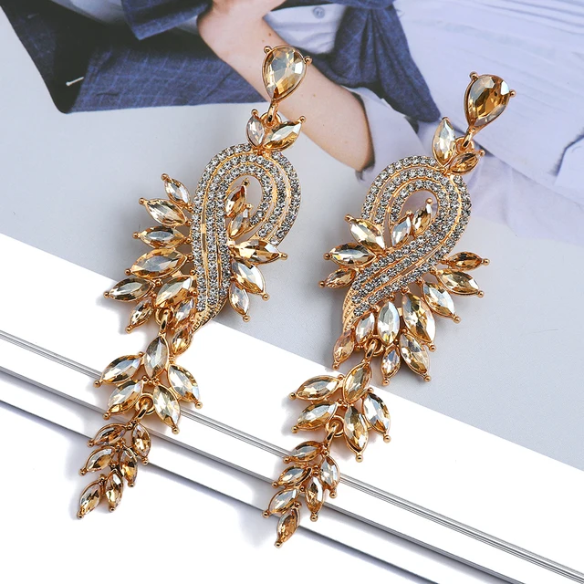Design Dangle Earrings For Women Girl Luxury Elegant Metal Hollow Chain Leaves Crystal Brincos Pendant Jewelry Ear Accessories Champagne