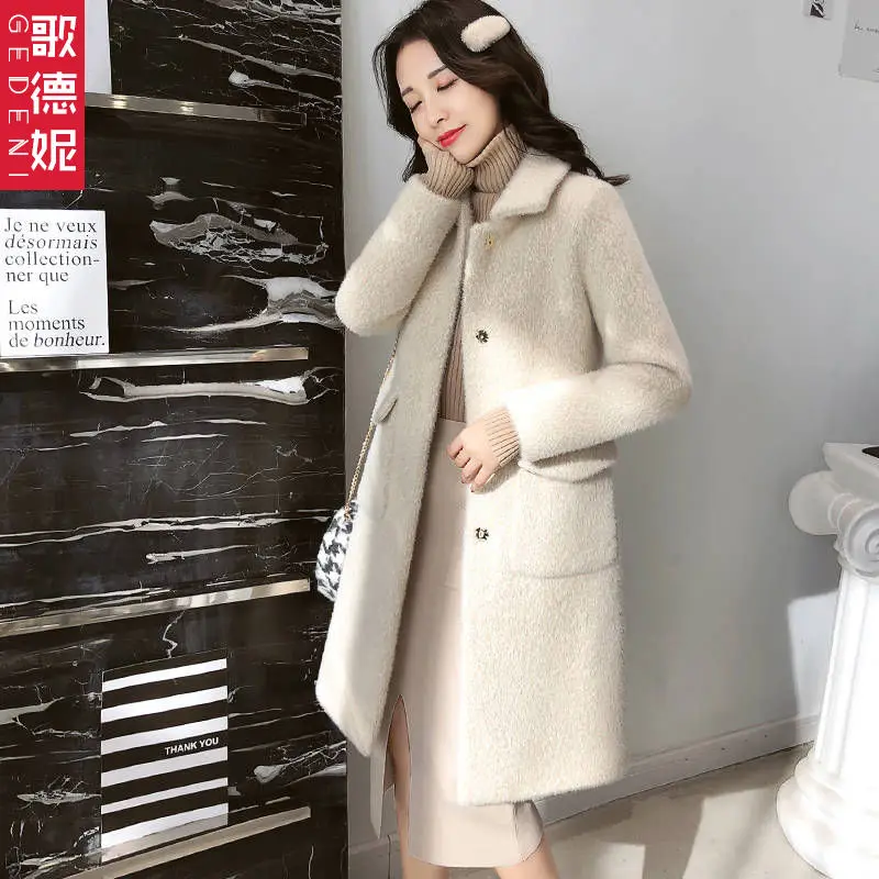

Gold mink down coat women's mid-length long section 2019 new slimming thickened plush imitation mink down woolen coat