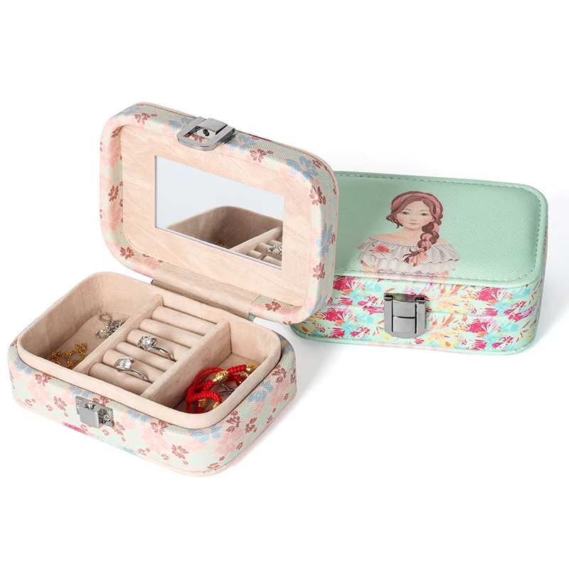 Cartoon Beauty Universal Jewelry Case Display Travel wedding Ring Earings Box With Mirror Portable Button Leather Storage