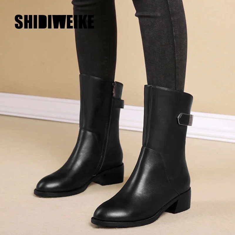 

2019 new Women Fashion Genuine Leather Women autumn Winter Mid-Calf Boots zipper Buckle Plush Women's shoes Size 35-41 J1006