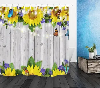 

Rustic Wooden Board Sunflowers Shower Curtain for Bathroom Vintage Wooden Wall Flower Butterfly Lights Waterproof Bath Curtains