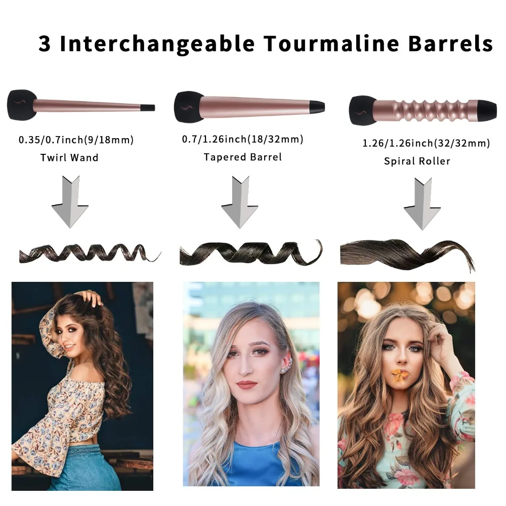 Madami Interchangeable Hair curler 3 in 1 Rose gold Tourmaline Ceramic curling wand and LCD display curling iron PTC fast heater (7)
