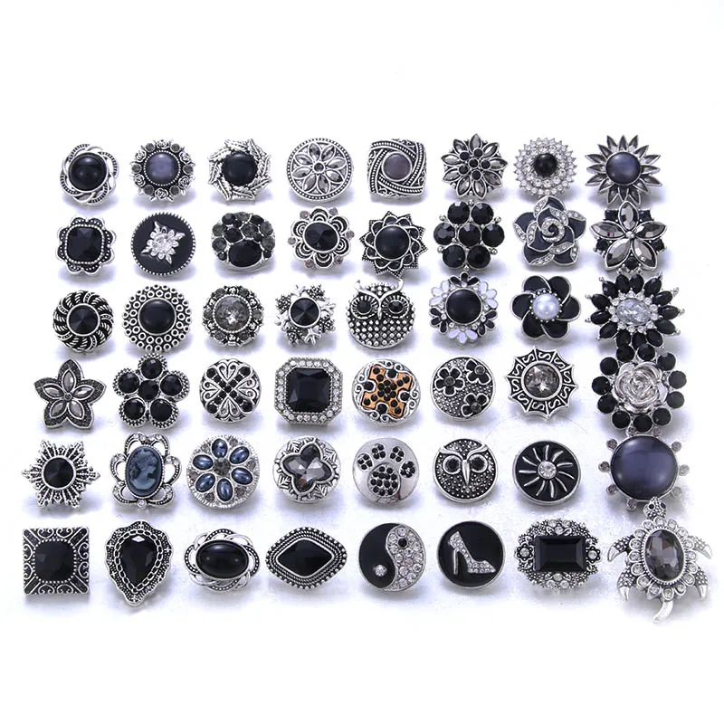 

10pcs/lot Wholesale Snap Jewelry Mixed Black Rhinestone Flower Metal Charms 18mm 20mm Snap Button Jewelry for Snaps Bracelet