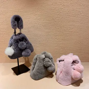 

New high quality leather fashion versatile fashion Plush Rex rabbit hair drawstring bucket bag handbag for women