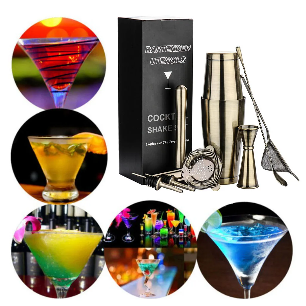 7pcs/set Stainless Steel Bartender Cocktail Martini Boston Shaker Bronze