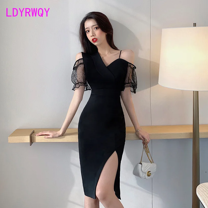 

[LDYRWQY] 2020 New Black Light-Fashion Slim Fit Split Split Mesh Dress Knee-Length Sheath Office Lady Polyester